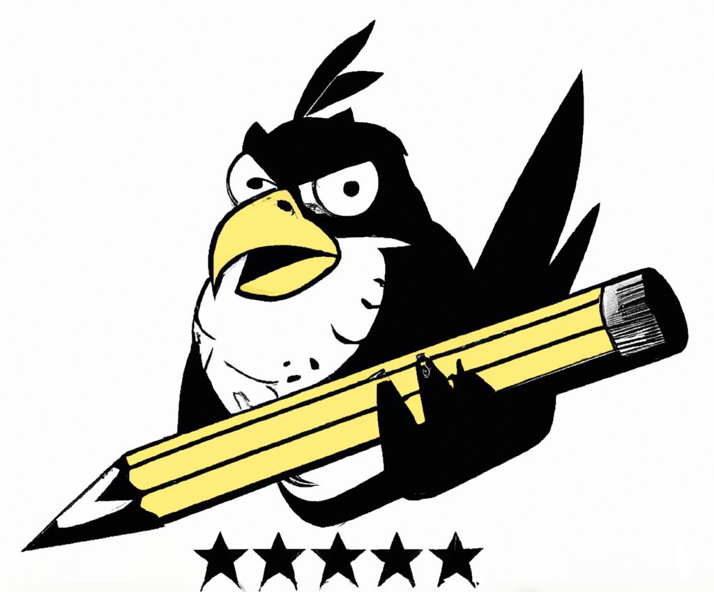 An angry bird holds a giant pencil